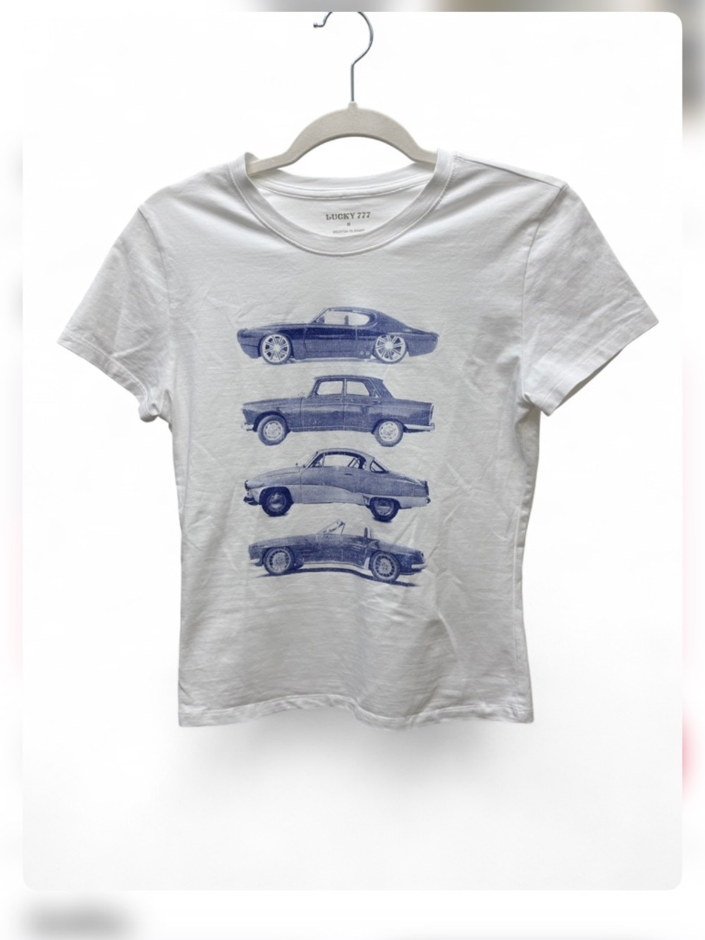 Lucky 777 Vintage-inspired White Tee with Stacked Blue Car Graphics